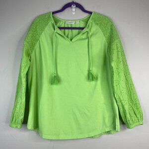 Belle Kim Gravel Boho Peasant Top Womens Large Smocked Balloon Sleeve Tasseled